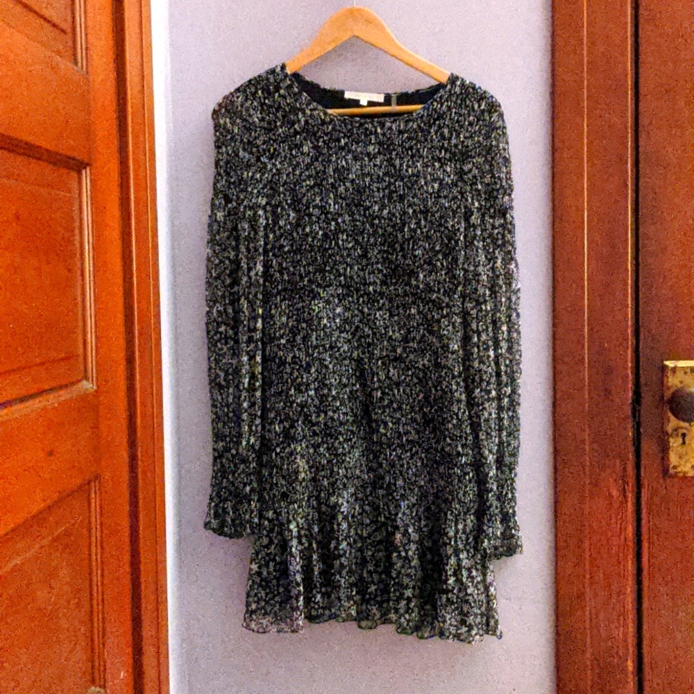 LoveShackFancy, silk, smocked & ruffled mini dress, M, black/white print